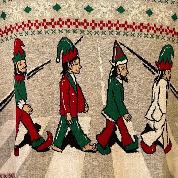 Ugly Christmas Sweater Beatles Elves on Abbey Road Crewneck Size Medium NWOT - Picture 2 of 5